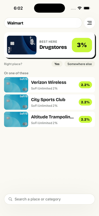 mWizard showing the best card to use at Walmart