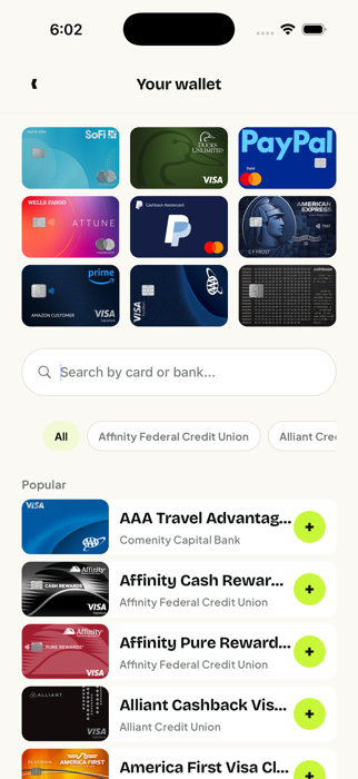 Your wallet of added cards