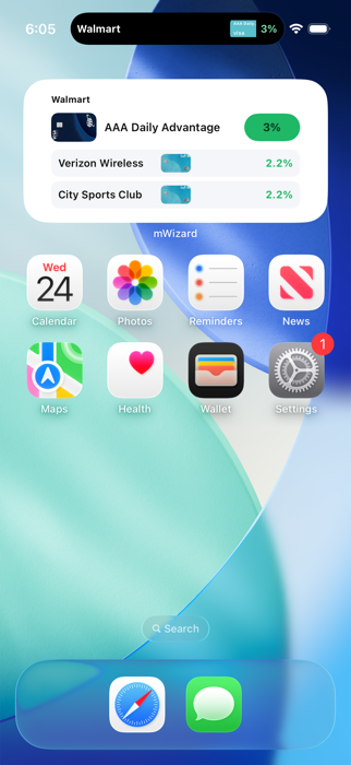 mWizard home-screen widget showing best cards