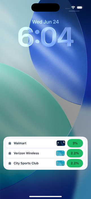 mWizard lock-screen widget showing best cards